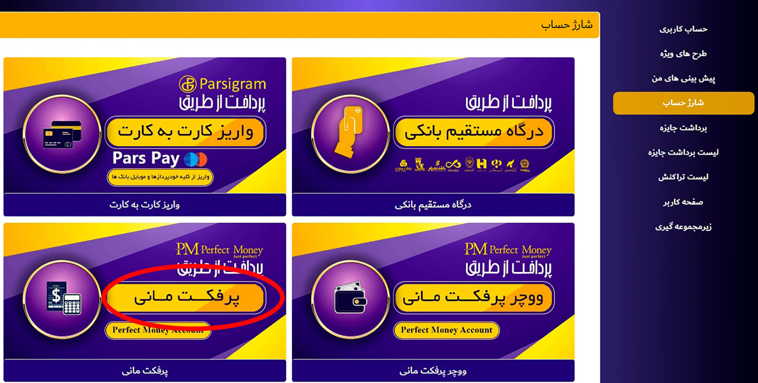 شارژ حساب کاربری از طریق پرفکت مانی مرحله 1