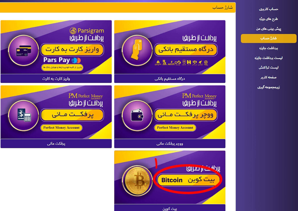انتخاب درگاه بیت کوین برای شارژ حساب کاربری